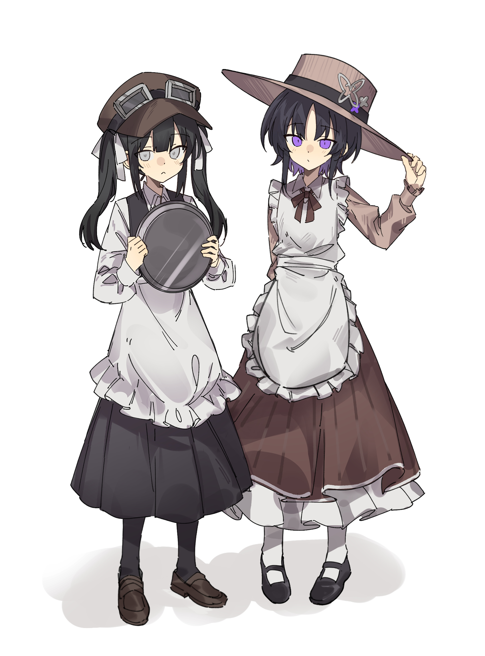 wuubaiwan, housho margo, kurobe nanoka, mahou shoujo no majo saiban, highres, 2girls, :<, adjusting clothes, adjusting headwear, alternate costume, apron, arm behind back, black hair, black pantyhose, black shoes, black vest, blush, bow, bowtie, brown bow, brown bowtie, brown dress, brown hat, brown shoes, butterfly hat ornament, closed mouth, collared shirt, dress, enmaided, frilled apron, frilled dress, frills, full body, goggles, goggles on headwear, grey eyes, hair ribbon, hand up, hands up, hat, hat ornament, holding, holding tray, loafers, long sleeves, looking at viewer, maid, maid apron, mary janes, multiple girls, newsboy cap, pantyhose, parted bangs, purple eyes, ribbon, shadow, shirt, shoes, short hair, simple background, sun hat, tray, twintails, vest, waist apron, white apron, white background, white pantyhose, white ribbon, white shirt