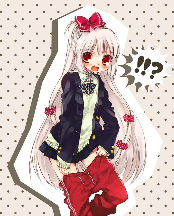 mitsubachi koucha, fujiwara no mokou, touhou, silver hair, bad id, bad pixiv id, !?, 1girl, alternate costume, blazer, blush, bow, contemporary, dressing, female focus, fire, hair bow, hair ribbon, jacket, long hair, multiple hair bows, pants, red eyes, ribbon, school uniform, solo