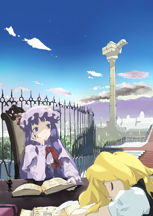 keisan, kirisame marisa, patchouli knowledge, touhou, 2girls, book, bow, day, female focus, multiple girls, nature, outdoors, pillar, plant, scenery, sky, sleeping