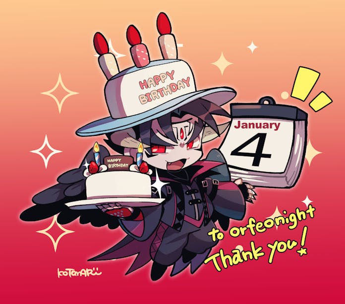 kotorai, devil jin, kazama jin, tekken, commentary, commission, english commentary, skeb commission, 1boy, birthday cake, black jacket, black pants, black wings, cake, cake hat, calendar (object), candle, chibi, chibi only, commissioner name, facial mark, fang, food, forehead mark, full body, gradient background, happy birthday, horns, jacket, male focus, open mouth, pants, red eyes, solo, sparkle, thank you, thick eyebrows, wings