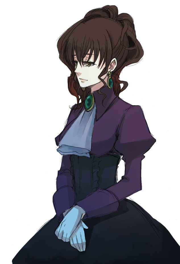 murai shinobu, ushiromiya natsuhi, umineko no naku koro ni, looking away, 00s, 1girl, black skirt, blue gloves, breasts, brooch, brown hair, closed mouth, cowboy shot, female focus, gem, gloves, green gemstone, high-waist skirt, jewelry, juliet sleeves, long sleeves, medium breasts, own hands together, ponytail, puffy sleeves, simple background, sketch, skirt, smile, solo, upper body, v arms, white background, yellow eyes