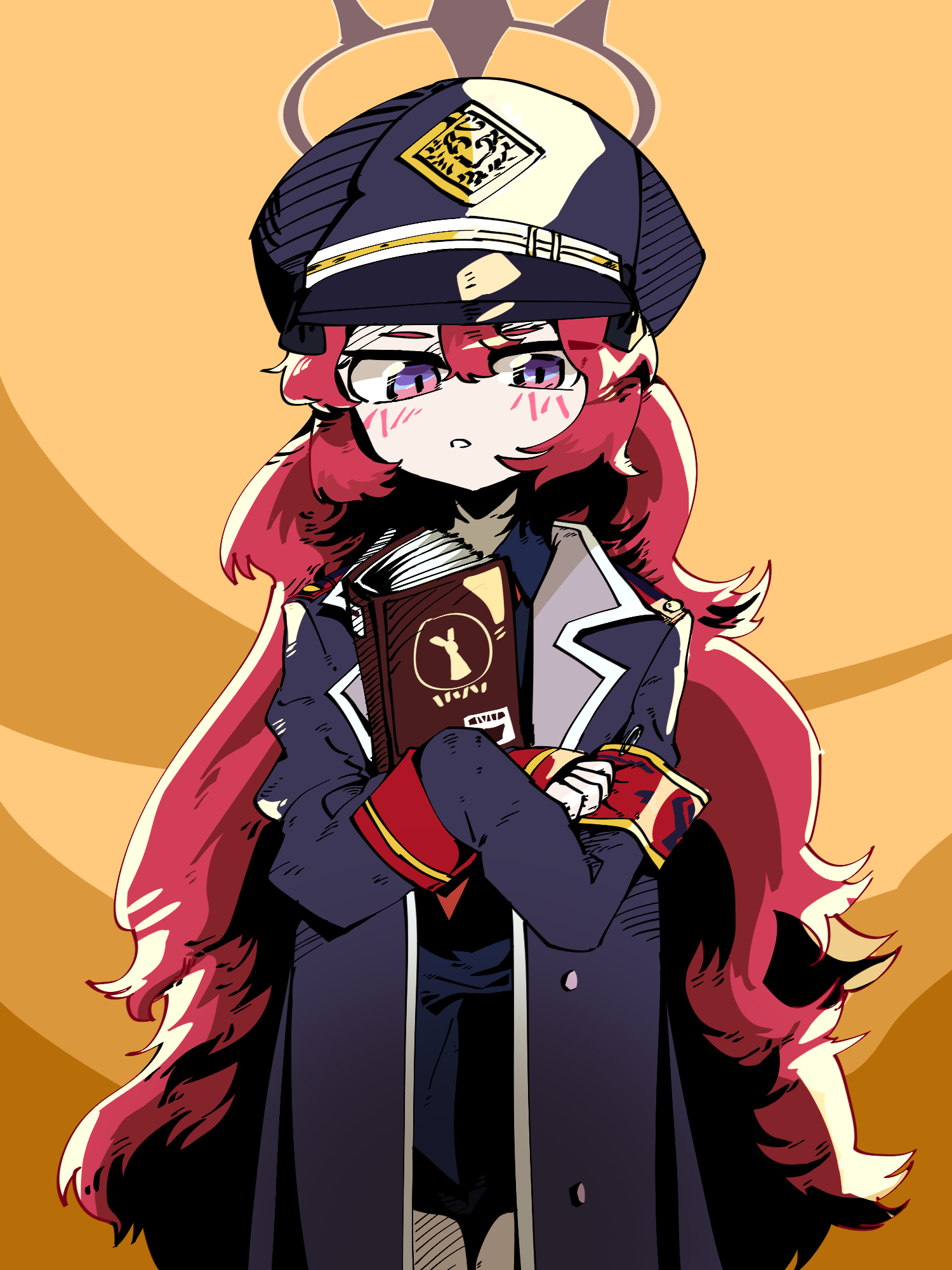 geonbanmaen, iroha (blue archive), blue archive, fluffy hair, highres, 1girl, :o, armband, black hat, blue shirt, blush, book, coat, collared shirt, halo, hat, holding, holding book, long hair, looking at viewer, peaked cap, purple eyes, red hair, shirt, sleeves past fingers, sleeves past wrists, solo, standing, straight-on, very long hair