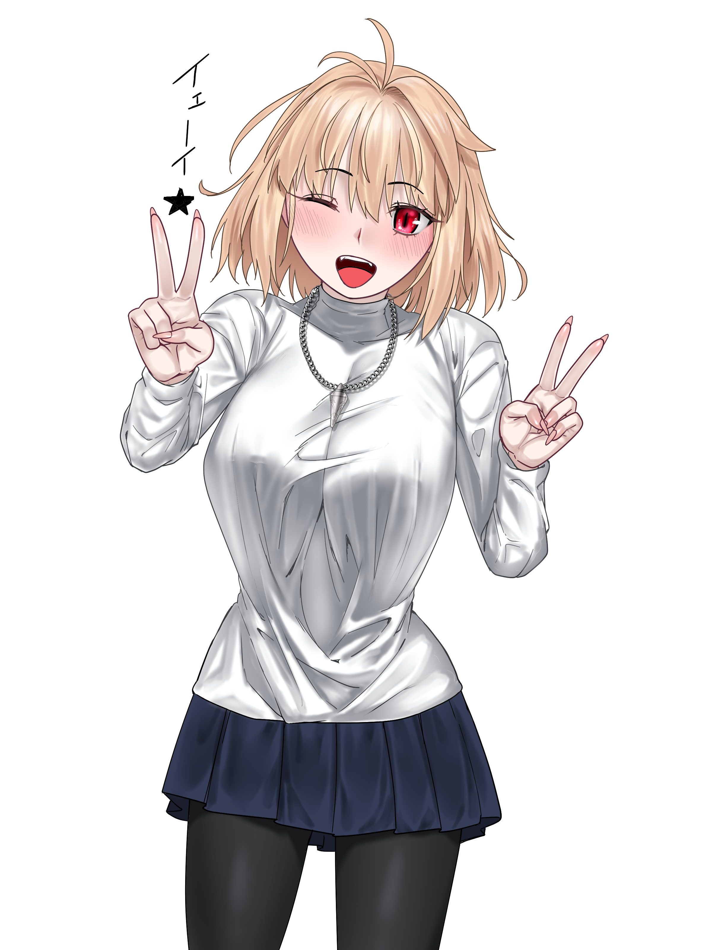 blue notuki, arcueid brunestud, tsukihime, tsukihime (remake), absurdres, highres, 1girl, ahoge, black pantyhose, blonde hair, blue skirt, blush, double v, fingernails, hair between eyes, hair intakes, jewelry, looking at viewer, miniskirt, necklace, one eye closed, open mouth, pantyhose, sharp fingernails, short hair, skirt, smile, star (symbol), sweater, teeth, turtleneck, turtleneck sweater, upper teeth only, v, wavy hair, white background, white sweater