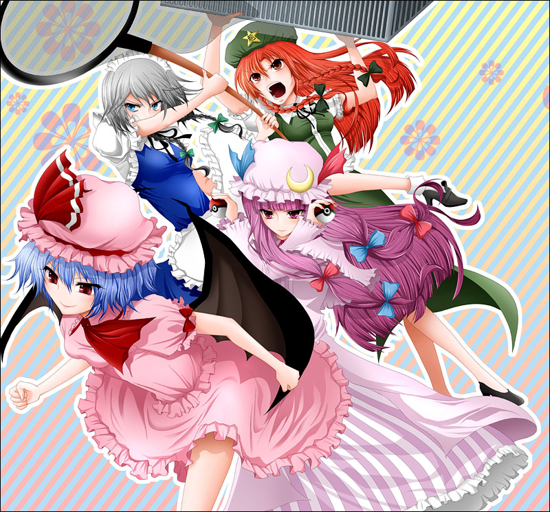 alputy, okazaki riko, hong meiling, izayoi sakuya, patchouli knowledge, remilia scarlet, nintendo, pokemon, touhou, silver hair, 4girls, bat wings, blue eyes, blue hair, braid, butterfly net, cage, china dress, chinese clothes, dress, female focus, hand net, hat, long hair, maid, multiple girls, net, poke ball, purple eyes, purple hair, red eyes, red hair, short hair, twin braids, wings