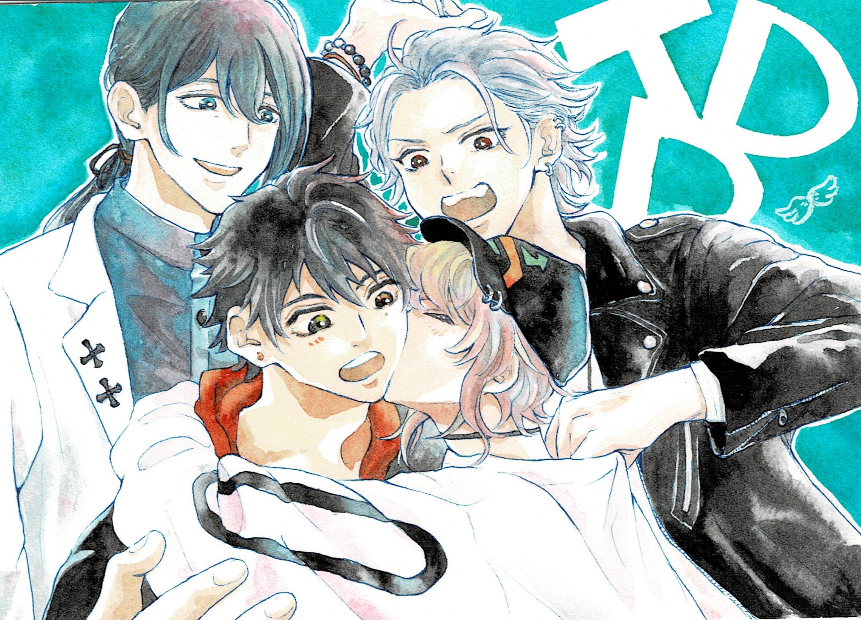 amemura ramuda, aohitsugi samatoki, aohitsugi samatoki (tdd era), jinguji jakurai, yamada ichiro, yamada ichiro (tdd era), hypnosis mic, commentary request, highres, painting (medium), traditional media, watercolor (medium), 4boys, :o, ahoge, amemura ramuda (tdd era), arm up, arms around neck, bead bracelet, beads, black choker, black hair, black jacket, blue background, blue eyes, blush, bracelet, choker, choppy bangs, closed eyes, clothes grab, cross, cross patty, curtained hair, ear piercing, earrings, fingernails, grey eyes, grey shirt, grin, group name, hair behind ear, hair between eyes, hair slicked back, hand up, heterochromia, high collar, hood, hood down, hoodie, hoop earrings, jacket, jacket over hoodie, jewelry, jinguji jakurai (tdd era), kiss, kissing cheek, lapel pin, leather, leather jacket, long hair, looking at another, loose hair strand, low ponytail, male focus, mole, mole under eye, multiple boys, multiple bracelets, open mouth, outline, partially unzipped, piercing, ponytail, purple hair, raised eyebrows, rectangular mouth, red eyes, red hoodie, saatooiimooo, shirt, shirt grab, short hair, smile, stud earrings, sweater, tareme, teeth, the dirty dawg, upper body, upper teeth only, v-shaped eyebrows, very short hair, wavy hair, white jacket, white outline, white shirt, white sweater, wide-eyed, yaoi