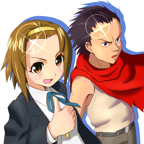 power-slide0, shima tetsuo, tainaka ritsu, akira (manga), k-on!, bad id, bad pixiv id, 1boy, 1girl, black eyes, black hair, brown eyes, brown hair, cape, crossover, forehead, hairband, lens flare, parody, school uniform, short hair, thumbs up, trait connection