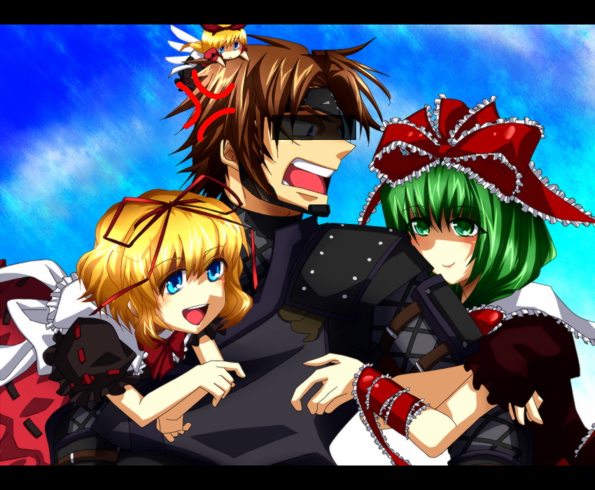 bankuro, bankuro (pixiv425706), kagiyama hina, kitanai ninja, medicine melancholy, ninja (final fantasy), su-san, final fantasy, final fantasy xi, the iron of yin and yang, touhou, bad id, bad pixiv id, 00s, 1boy, 3girls, crossover, front ponytail, hume, letterboxed, multiple girls, ninja