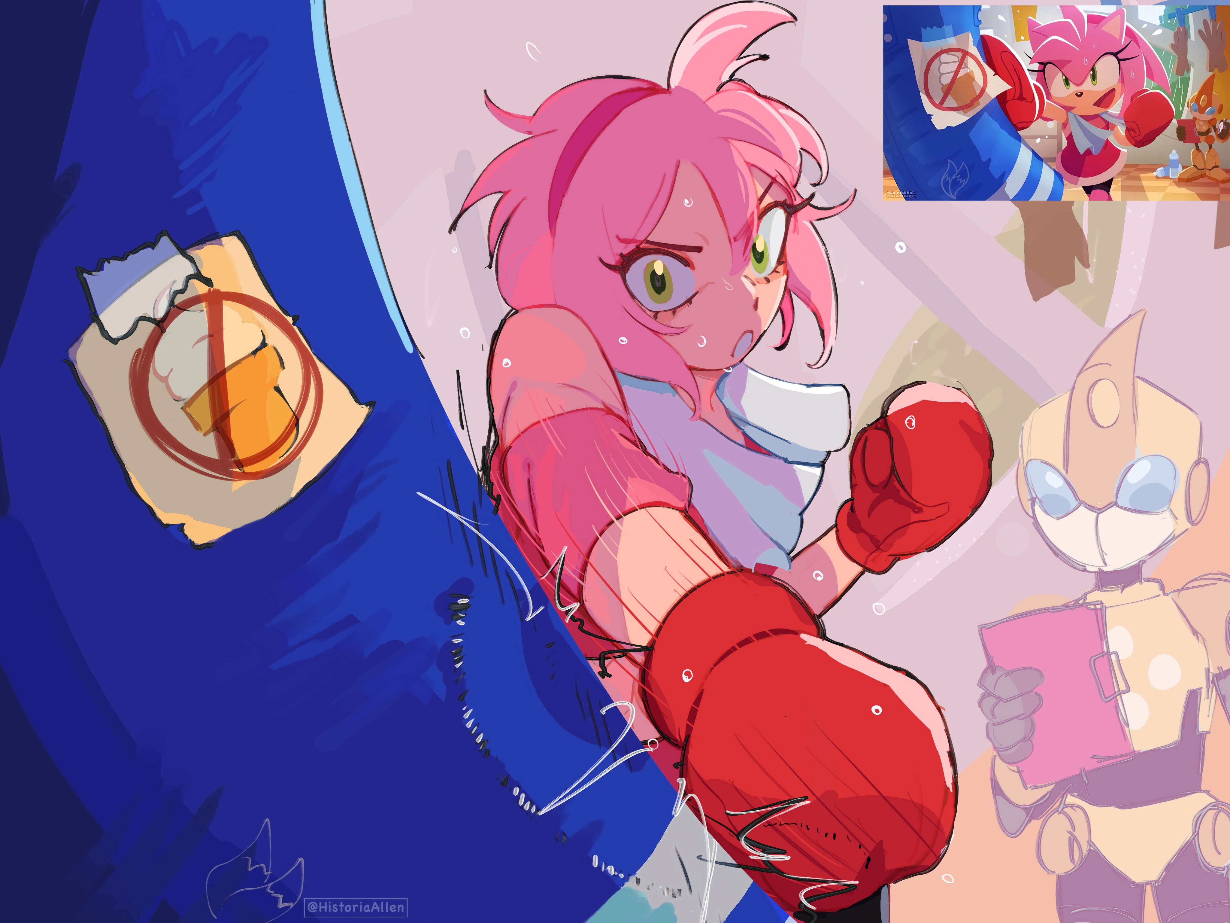 historiaallen, amy rose, emerl (sonic), sega, sonic (series), sonic battle, absurdres, commentary, english commentary, highres, redrawn, 1boy, 1girl, 2025, armband, armor, artist name, bare shoulders, black shorts, boxing, boxing gloves, clipboard, collarbone, cross, foreshortening, green eyes, hairband, humanization, indoors, motion lines, open mouth, pink hair, pink hairband, punching bag, robot, serious, short hair, shorts, standing, sweat, towel, towel around neck, training, upper body, v-shaped eyebrows, yellow armor