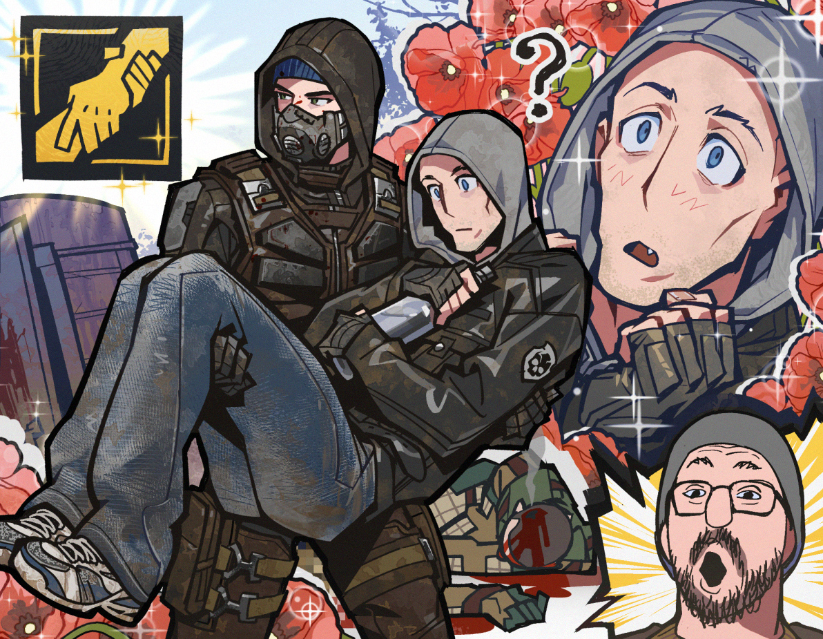 fukurau, soyjak, stalker (game), stalker 2: heart of chornobyl, chinese commentary, commentary request, 4boys, ?, beard, black-framed eyewear, blood, blood splatter, blue eyes, blue pants, blue shoes, brown jacket, brown pants, carrying, cowboy shot, facial hair, flower, glasses, grey jacket, hood, hood up, hooded jacket, jacket, leather, leather jacket, male focus, mask, multiple boys, open mouth, pants, patch, poppy (flower), princess carry, red flower, respirator, shoes, shoulder patch, skif (stalker 2), skull print, sneakers