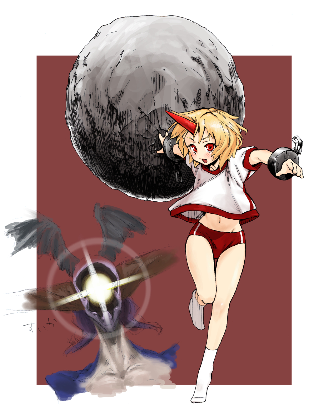 pine (pine-box), hoshiguma yuugi, ultimecia, final fantasy, final fantasy viii, the iron of yin and yang, touhou, highres, 1990s (style), 1girl, aged down, alternate costume, blonde hair, bowling, buruma, female focus, gym uniform, horns, red eyes, retro artstyle, rock, short hair, single horn, socks, solo