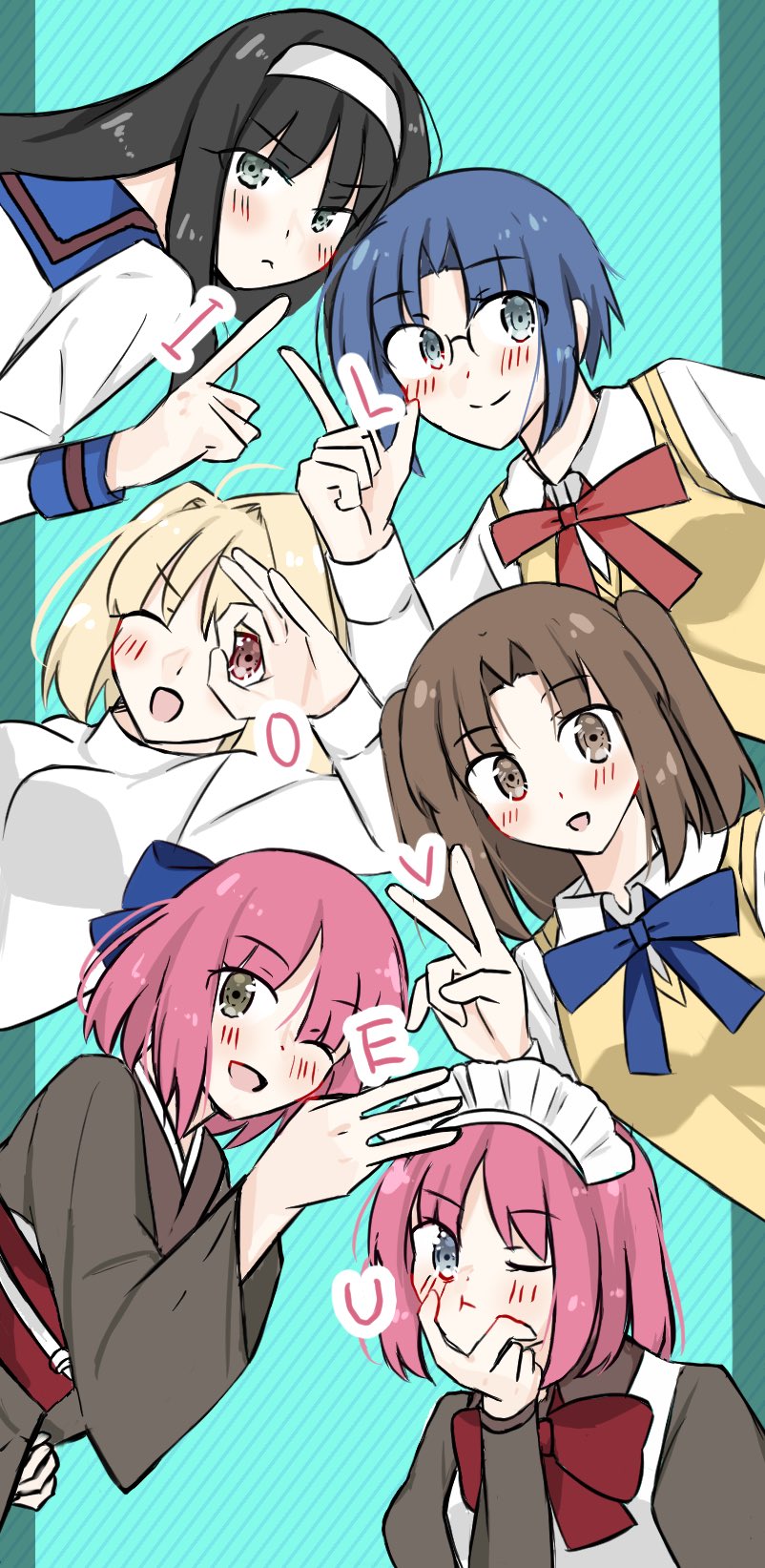 02surume, arcueid brunestud, ciel (tsukihime), hisui (tsukihime), kohaku (tsukihime), tohno akiha, yumizuka satsuki, tsukihime, highres, 6+girls, ahoge, apron, asagami private girls acadamy uniform, black hair, blonde hair, blue bow, blue eyes, blue hair, blush, bow, breasts, brown eyes, brown hair, brown kimono, curtained hair, english text, glasses, hair intakes, hairband, japanese clothes, kimono, looking at viewer, maid, maid apron, maid headdress, multiple girls, one eye closed, pink hair, red bow, school uniform, shirt, short hair, siblings, sisters, sweater, turtleneck, turtleneck sweater, twins, twintails, two side up, vest, white hairband, white shirt, white sweater, yellow vest