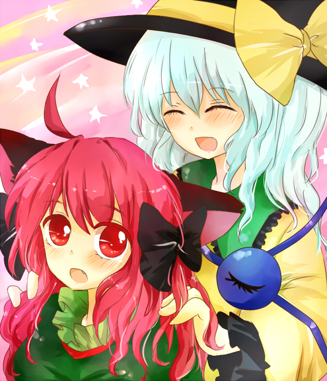 zawameki, kaenbyou rin, komeiji koishi, touhou, bad id, bad pixiv id, 2girls, ahoge, alternate hairstyle, animal ears, bow, braid, cat ears, cat girl, female focus, green hair, hair bow, hair down, hand in own hair, hat, heart, multiple girls, red eyes, red hair, ribbon, short hair, twin braids