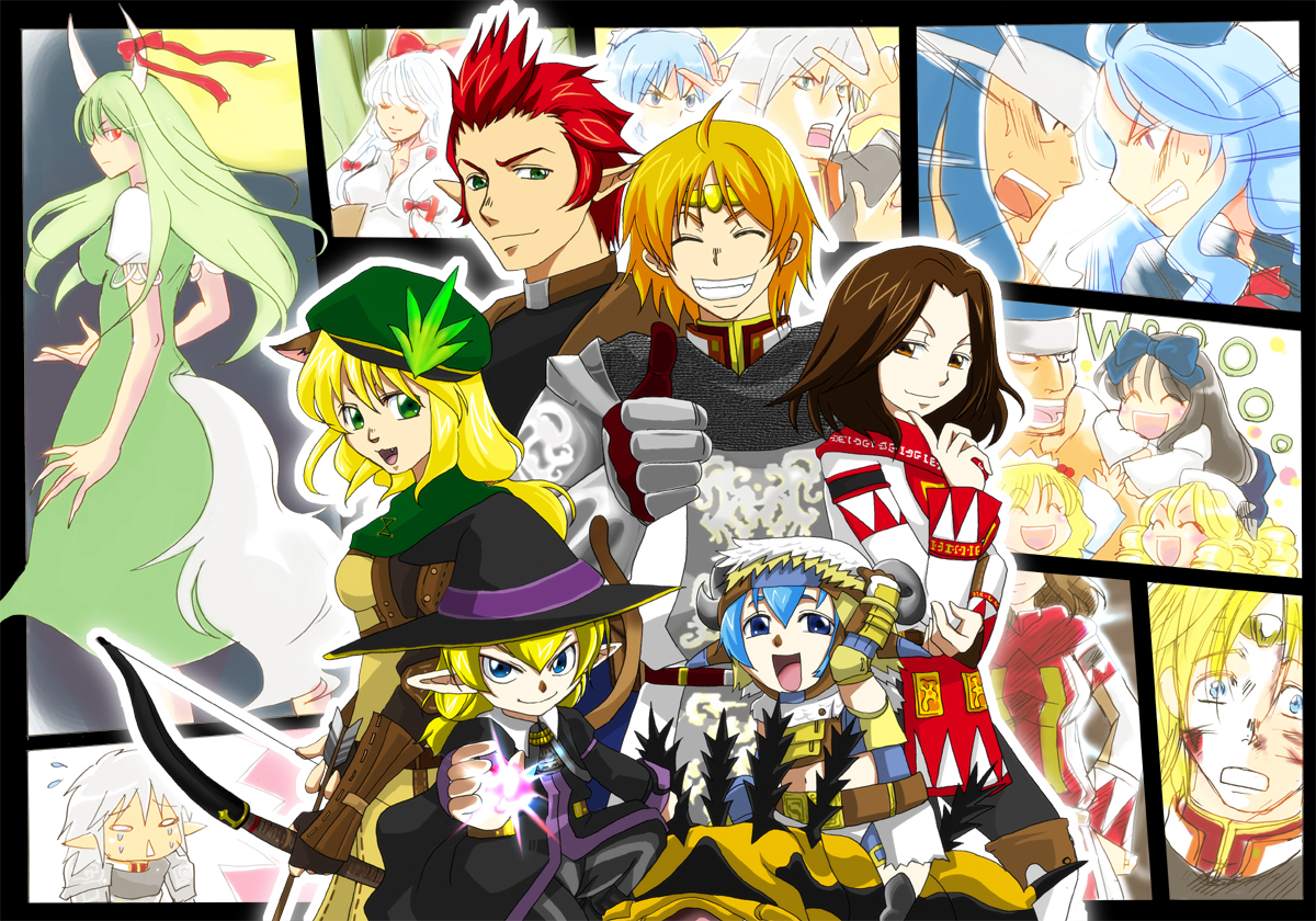 yotsuba yuiko, beastmaster (final fantasy), black mage (final fantasy), buront, elvaan, final tatsuya, fujiwara no mokou, izayoi sakuya, jin fu-ha, kamishirasawa keine, kemono-sama, luna child, mithra (ff11), naitou, nekokari, paladin (final fantasy), ranger, star sapphire, sumitaru, sunny milk, thief (final fantasy), tsuufuu, usuhime, white mage (final fantasy), final fantasy, final fantasy xi, ryuuko no ken, the iron of yin and yang, touhou, 00s, 6+boys, 6+girls, crossover, elf, hume, ls:booooomerang, multiple boys, multiple girls, paladin, pointy ears, tarutaru
