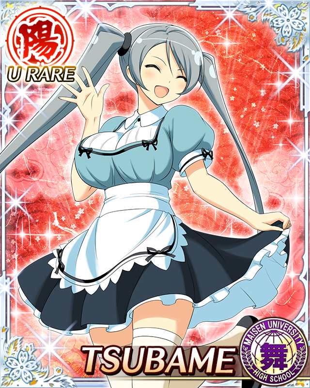 tsubame (senran kagura), senran kagura, senran kagura new wave, game cg, official art, third-party source, 1girl, :d, apron, blue dress, border, breasts, card (medium), character name, closed eyes, clothes lift, dress, facing to the side, frilled apron, frills, grey hair, large breasts, lifting own clothes, long hair, maid, open mouth, skirt, skirt lift, smile, solo, swept bangs, thighhighs, twintails, very long hair, waist apron, waving, white thighhighs