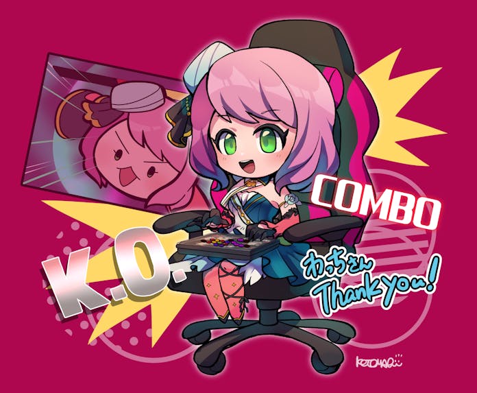 kotorai, alisa boskonovich, tekken, commentary request, commission, skeb commission, 1girl, arcade stick, black ribbon, blue dress, chair, chibi, chibi only, combo, controller, detached sleeves, dress, game controller, gaming chair, green eyes, joystick, k.o., leverless arcade stick, meta, monitor, open mouth, pantyhose, pink hair, pink pantyhose, ribbon, short hair, signature, sitting, solo, swivel chair