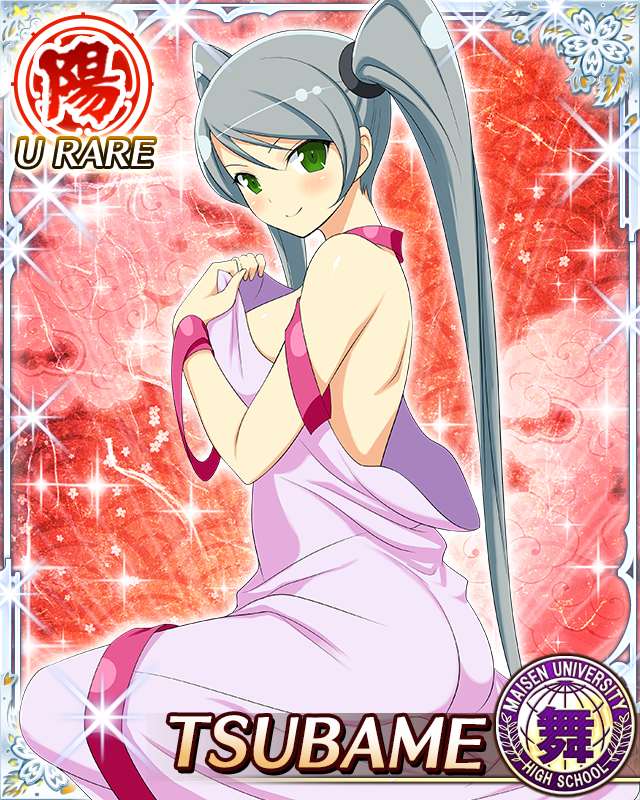 tsubame (senran kagura), senran kagura, senran kagura new wave, game cg, official art, third-party source, 1girl, bed sheet, border, breasts, card (medium), character name, closed mouth, from side, green eyes, grey hair, large breasts, long hair, looking at viewer, looking to the side, naked ribbon, naked sheet, pink ribbon, ribbon, smile, solo, swept bangs, twintails, very long hair