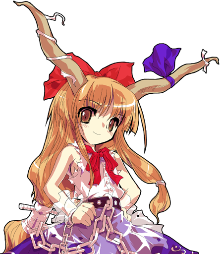 alphes, ibuki suika, touhou, official art, 1girl, bow, brown eyes, brown hair, chain, female focus, hair bow, hair ribbon, hand on own hip, hip focus, horns, long hair, oni, orange hair, ribbon, smile, solo, torn clothes, transparent background