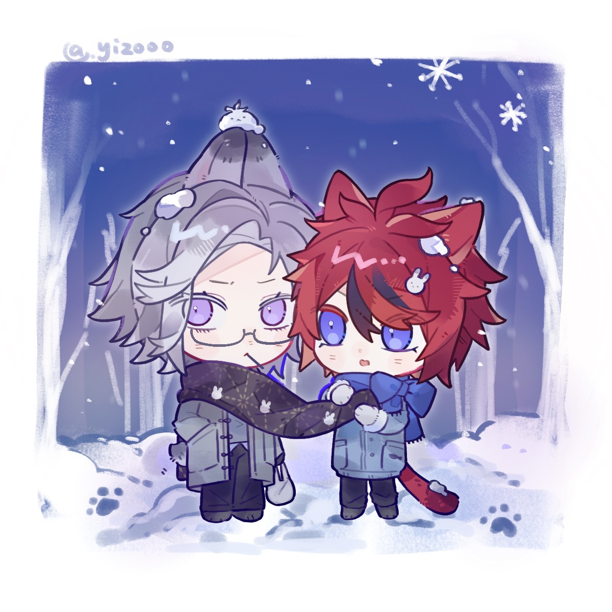 aotsuki eito, sumino takumi, the hundred line -last defense academy-, commentary, highres, symbol-only commentary, 2boys, ahoge, animal ears, artist name, bare tree, black hair, black pants, black scarf, black shoes, blue eyes, blue scarf, border, bow, cat boy, cat ears, cat tail, chibi, chibi only, coat, colored eyelashes, eyes visible through hair, grey coat, grey hair, grey shirt, hair between eyes, hair ornament, hand in pocket, kemonomimi mode, long sleeves, male focus, multicolored hair, multiple boys, night, open clothes, open coat, open mouth, outdoors, pants, paw print, purple eyes, rabbit boy, rabbit ears, rabbit hair ornament, rabbit tail, red hair, scarf, scarf bow, shirt, shoes, short hair, sky, snow, snowing, streaked hair, tail, tree, two-tone hair, white border, yizooo