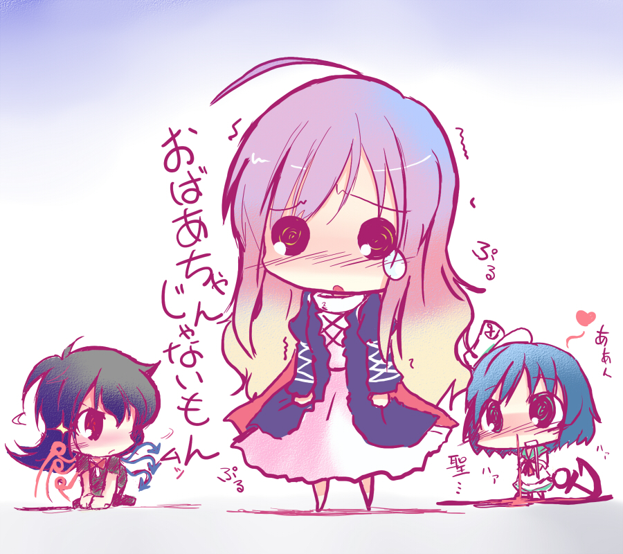 shichinose, hijiri byakuren, houjuu nue, murasa minamitsu, touhou, black legwear, translation request, 3girls, anchor, black hair, blood, blue hair, cape, chibi, dress, female focus, gothic lolita, gradient background, gradient hair, lolita fashion, long hair, multicolored hair, multiple girls, nosebleed, sailor, short hair, thighhighs, white background, wings