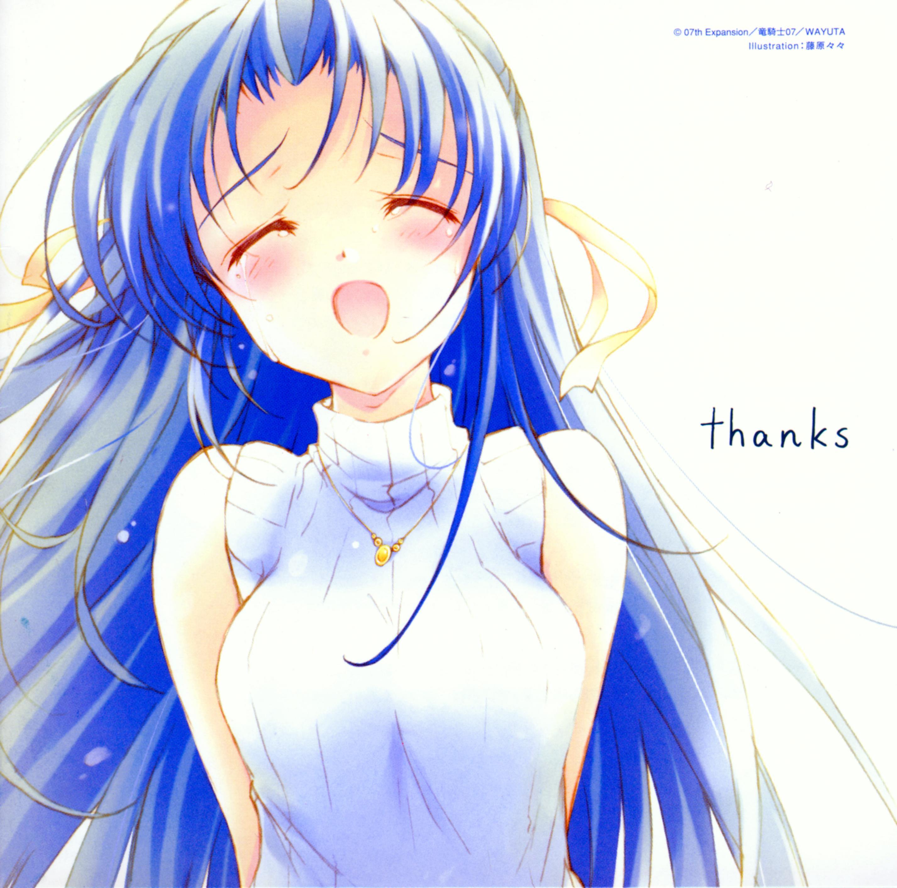 fujiwara warawara, sonozaki shion, higurashi no naku koro ni, absurdres, highres, official art, scan, 00s, 1girl, album cover, blue hair, breasts, closed eyes, cover, female focus, impossible clothes, impossible shirt, laughing, long hair, ribbon, shirt, smile, solo, tears