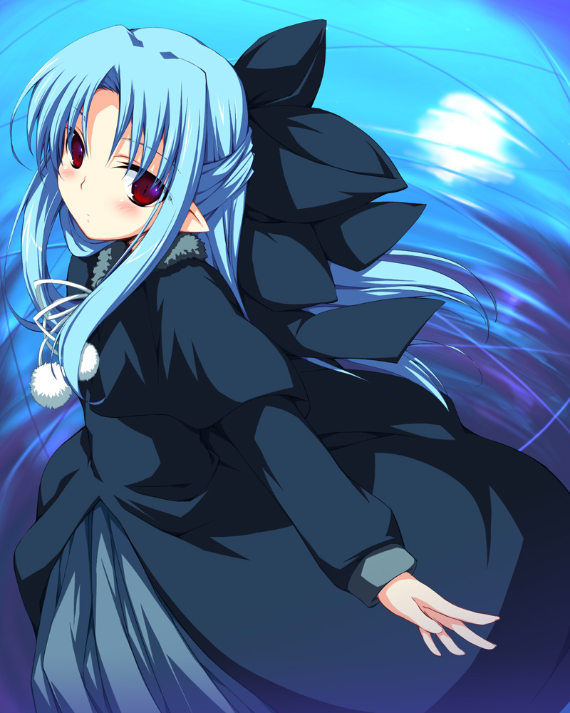 imuraya ayuka, len (tsukihime), tsukihime, 00s, 1girl, black dress, blue hair, bow, capelet, dress, female focus, hair bow, hair ribbon, half updo, pointy ears, red eyes, ribbon, solo