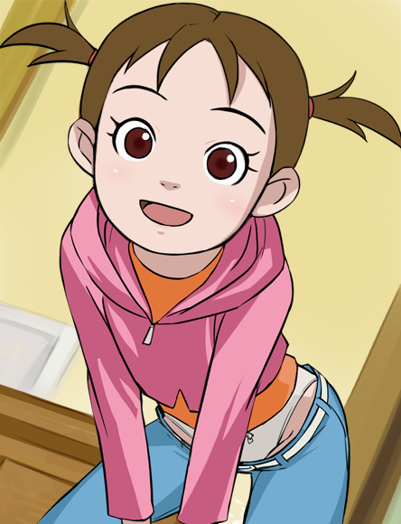 haruyama kazunori, hakawa mai, yattokame tanteidan, 00s, 1girl, bent over, brown hair, clothes pull, female focus, loli, panties, pants, pants pull, solo, twintails, underwear