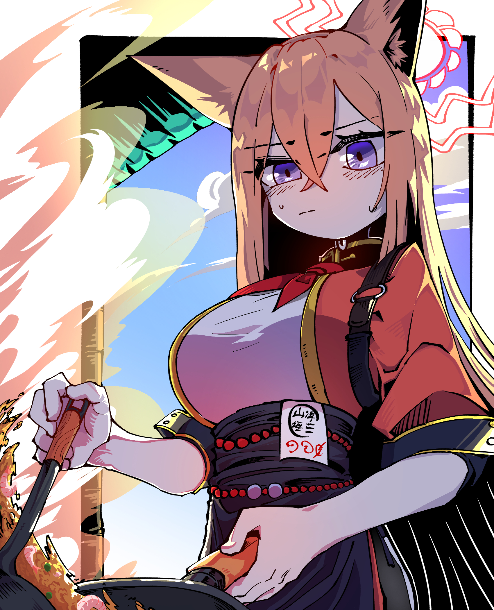 geonbanmaen, rumi (blue archive), blue archive, highres, 1girl, animal ear fluff, animal ears, black skirt, breasts, brown hair, closed mouth, cloud, cooking, crossed bangs, frown, halo, high-waist skirt, jacket, ladle, large breasts, long hair, neckerchief, purple eyes, red jacket, red neckerchief, rice, shirt, skirt, smoke, solo, standing, sweatdrop, upper body, white shirt