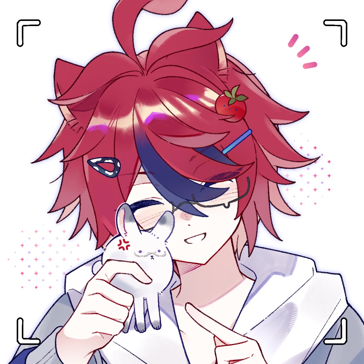 aotsuki eito, sumino takumi, the hundred line -last defense academy-, commentary, highres, symbol-only commentary, variant set, 1boy, ^ ^, ahoge, anger vein, animal ears, animalization, black-framed eyewear, black hair, blush, cat ears, closed eyes, eyes visible through hair, food-themed hair ornament, glasses, grey jacket, hair ornament, hair over one eye, hairclip, hood, hood down, hoodie, jacket, jacket over hoodie, male focus, multicolored hair, notice lines, portrait, rabbit, red hair, short hair, smile, streaked hair, teardrop-framed glasses, tomato hair ornament, tsurime, two-tone hair, viewfinder, white-framed eyewear, white background, white hoodie, yizooo