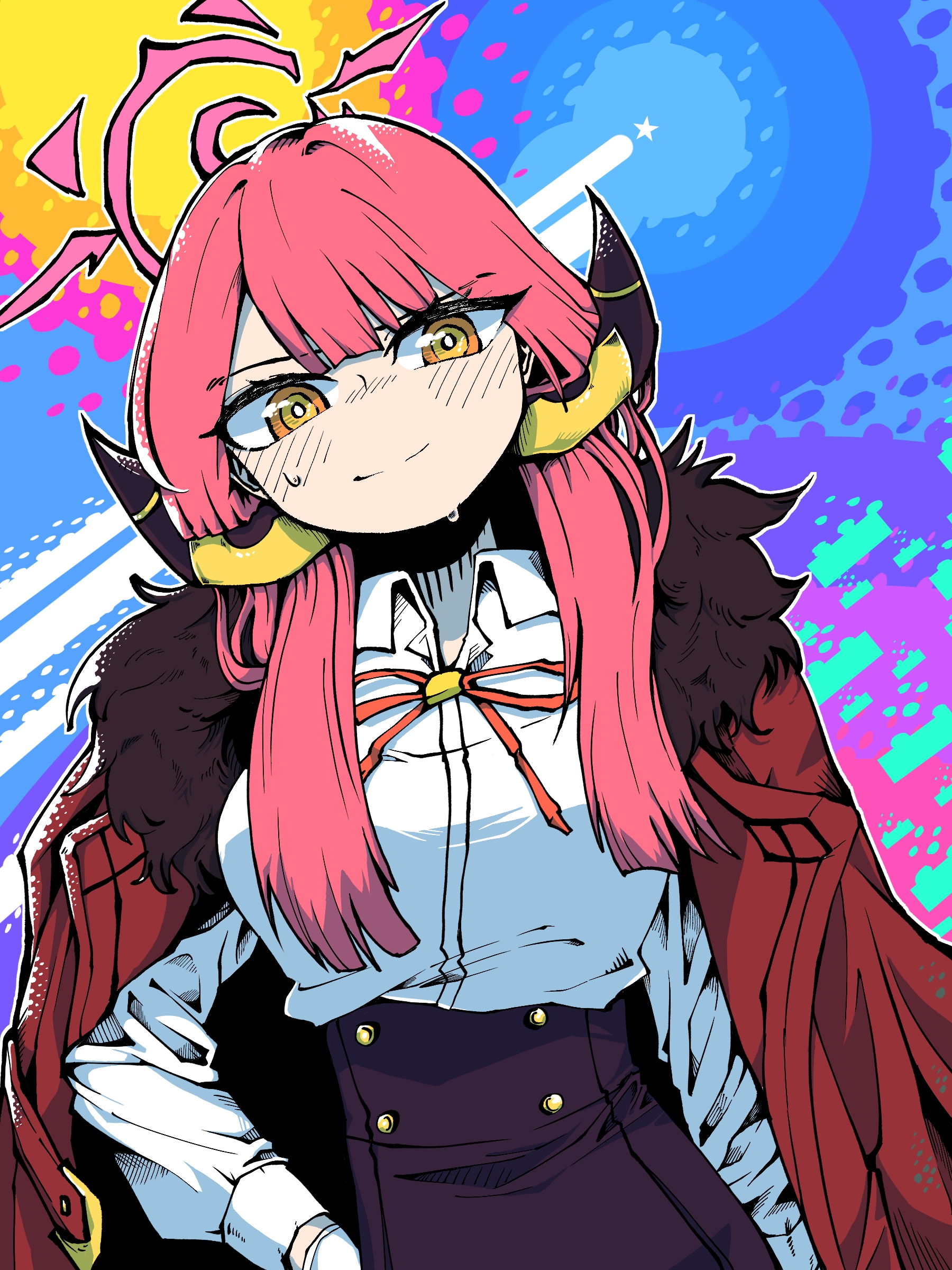 geonbanmaen, aru (blue archive), blue archive, absurdres, highres, 1girl, breasts, closed mouth, coat, coat on shoulders, collared shirt, fur-trimmed coat, fur trim, halo, high-waist skirt, horns, long hair, long sleeves, looking at viewer, medium breasts, neck ribbon, pink hair, ribbon, ringed eyes, shirt, shirt tucked in, skirt, smile, solo, split mouth, star (symbol), sweat, upper body, white shirt, yellow eyes