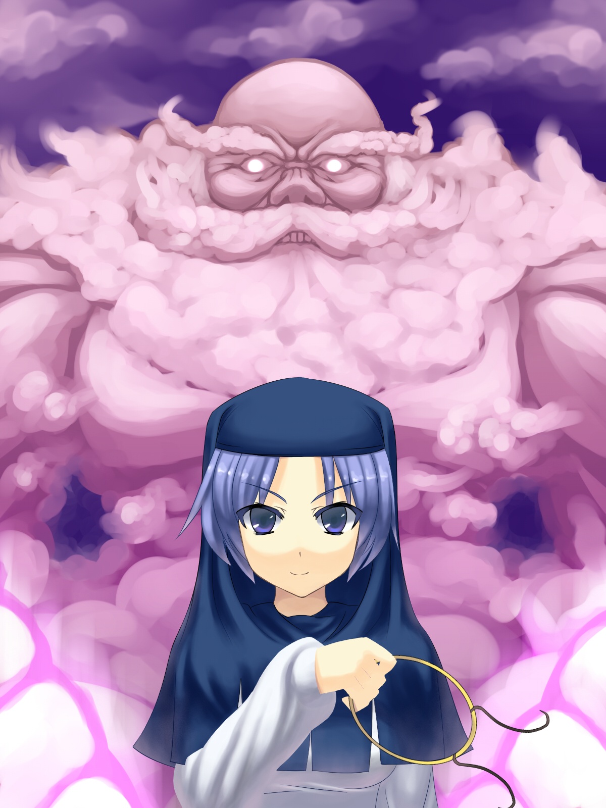 izumi sai, kumoi ichirin, unzan, touhou, bad id, bad pixiv id, highres, 1boy, 1girl, blue eyes, blue hair, bracelet, cloud, hood, jewelry, ring, short hair