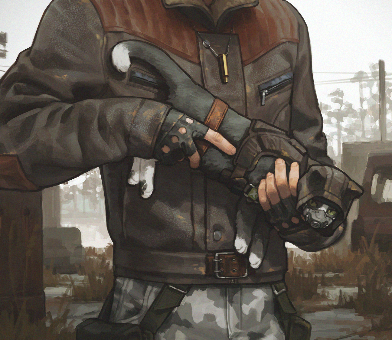fukurau, stalker (game), stalker 2: heart of chornobyl, 1boy, animal, animalization, brown jacket, bullet necklace, camouflage, camouflage pants, cat, grey pants, holding, holding animal, holding cat, jacket, leather, leather jacket, mask, mouth mask, outdoors, overcast, pants, power lines, skif (stalker 2), sky, solo, strider (stalker), unconventional gun