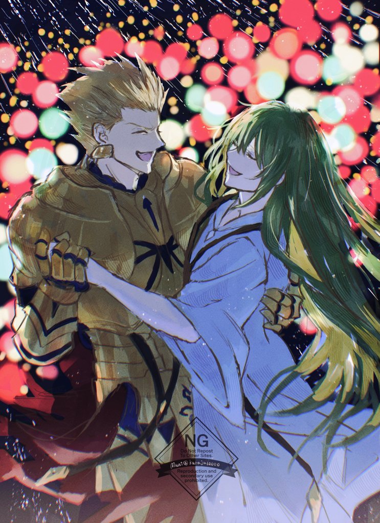 kuraju12000, enkidu (fate), gilgamesh (fate), fate/strange fake, fate (series), 1boy, 1other, androgynous, armor, blonde hair, dancing, gold armor, green hair, happy, long hair, other with male, robe, smile, toga, white robe