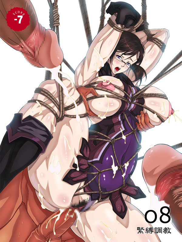 asagiri (lolita channel), lolita channel, cattleya (queen's blade), queen's blade, 00s, 1girl, 3boys, arms up, bdsm, bondage, bound, breasts, censored, clothing aside, cum, cum in pussy, glasses, grabbing another's breast, groping, head out of frame, hetero, large breasts, multiple boys, nipples, panties, panties aside, penis, pubic hair, pussy, restrained, rope, sex, spread legs, underwear, vaginal