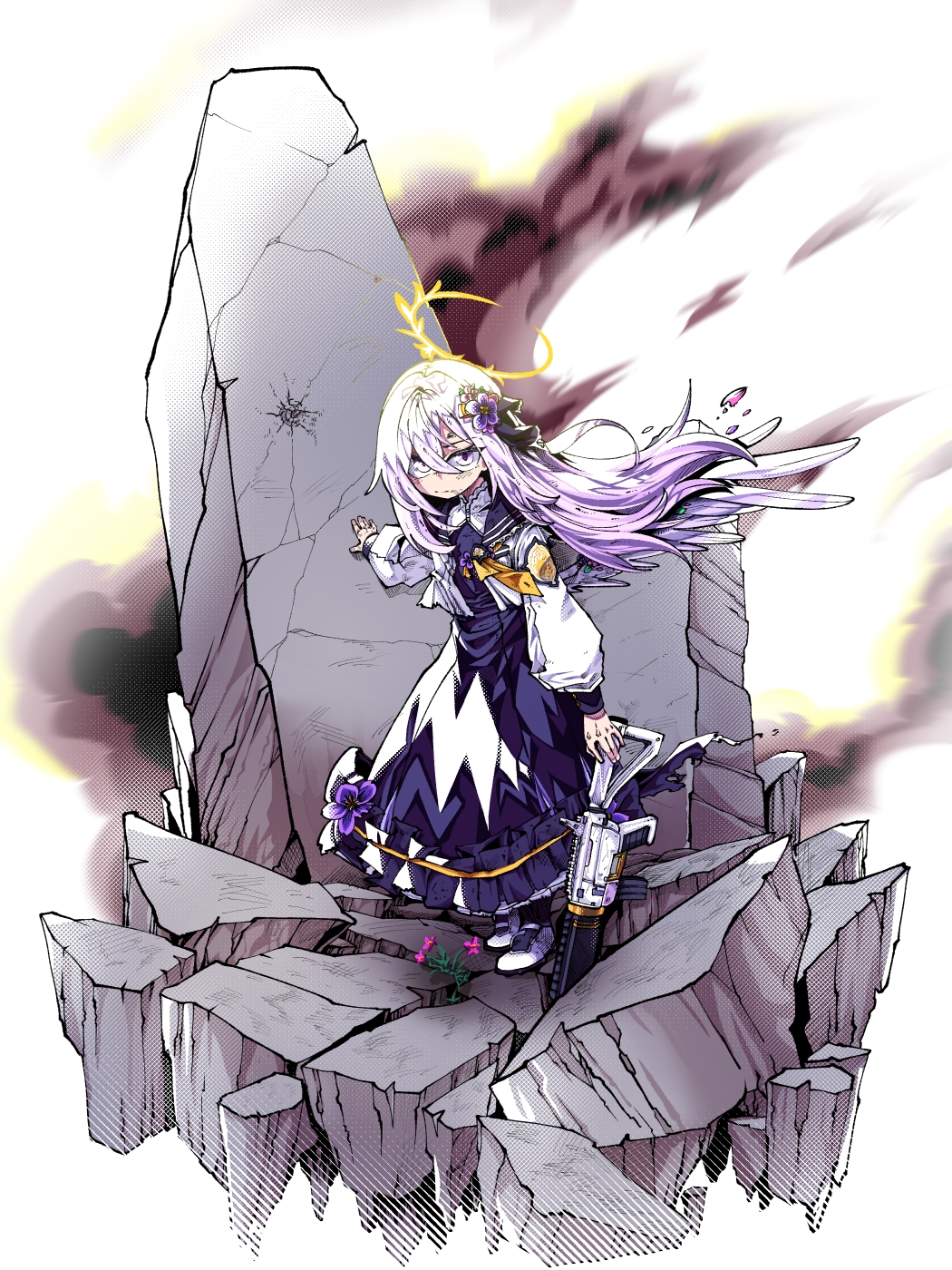 geonbanmaen, azusa (blue archive), blue archive, highres, 1girl, assault rifle, closed mouth, dirty, dirty face, dress, flat chest, floating hair, flower, full body, gun, hair between eyes, hair flower, hair ornament, halo, jacket, long hair, long sleeves, looking at viewer, m4 carbine, pink eyes, pink hair, purple dress, rifle, rubble, shoes, solo, standing, weapon, white jacket, white shoes, wind, wings