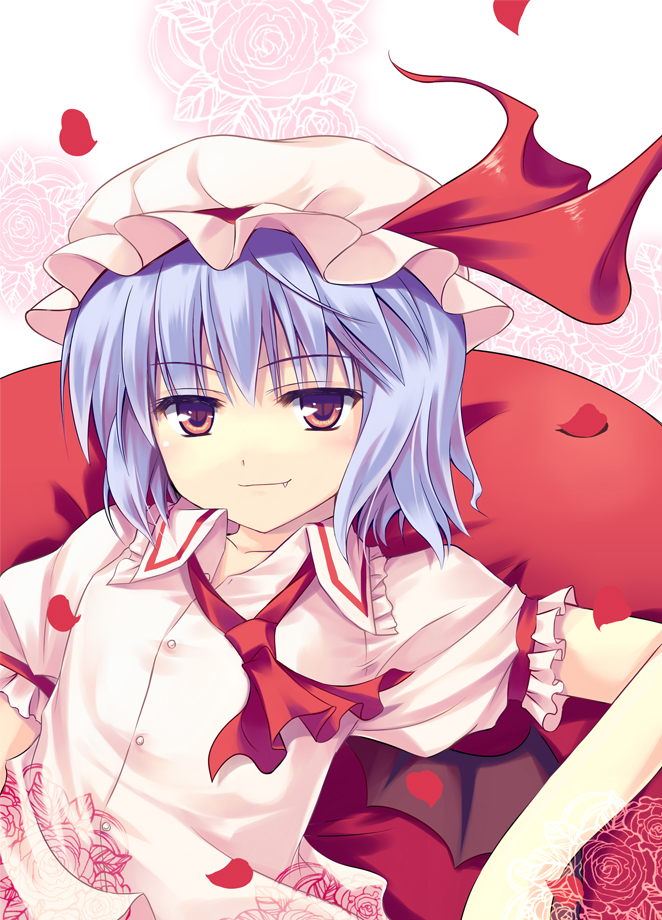 hinooka shuuji, remilia scarlet, touhou, 1girl, bat wings, blue hair, female focus, hat, red eyes, short hair, sitting, solo, upper body, wings