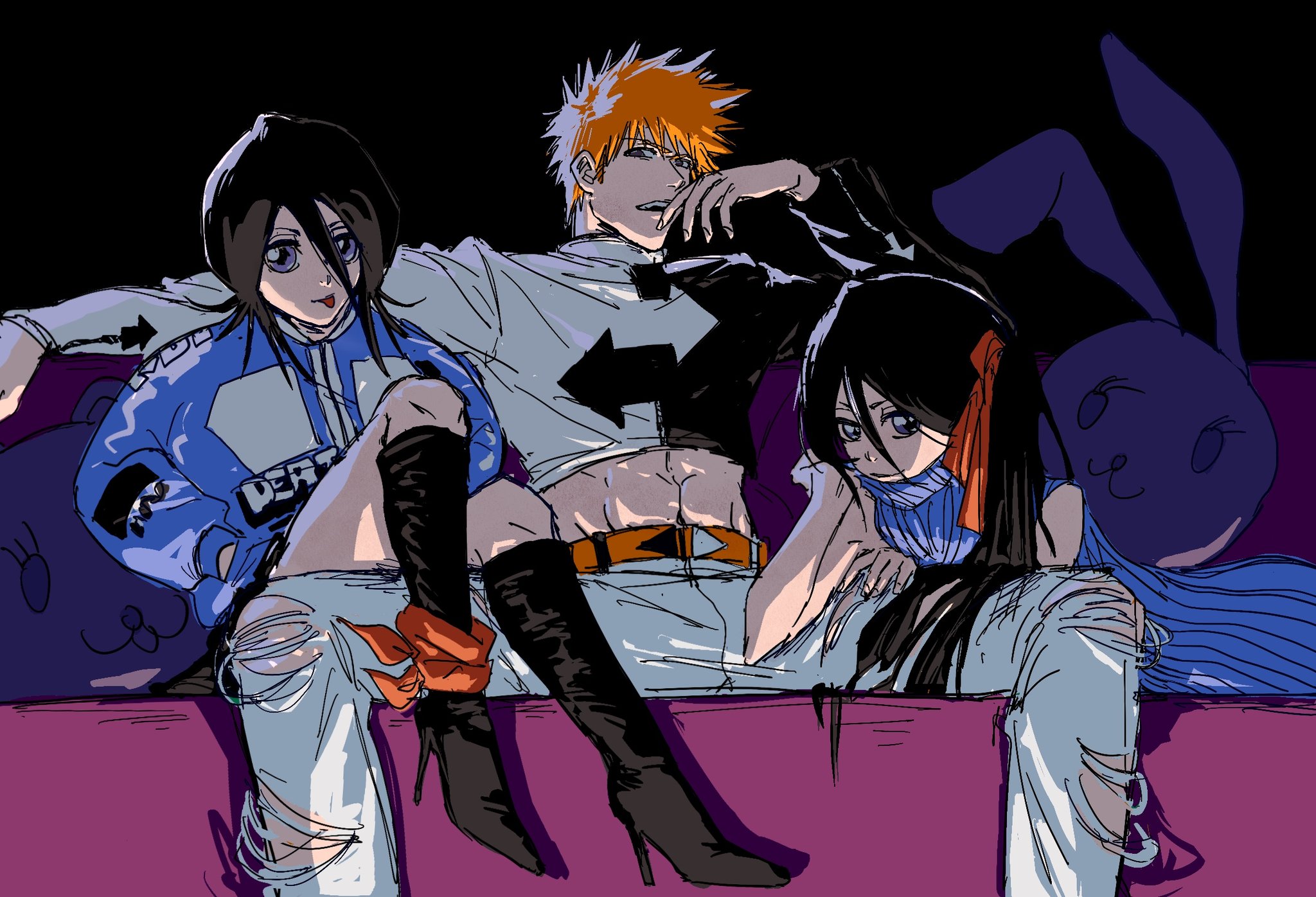 kuchiki rukia, kurosaki ichigo, bleach, highres, 1boy, 2girls, abs, anac anaconda, black boots, black hair, boots, couch, high heel boots, high heels, long hair, multiple girls, on couch, orange hair, sitting, sitting on person, thigh boots, toned, toned male