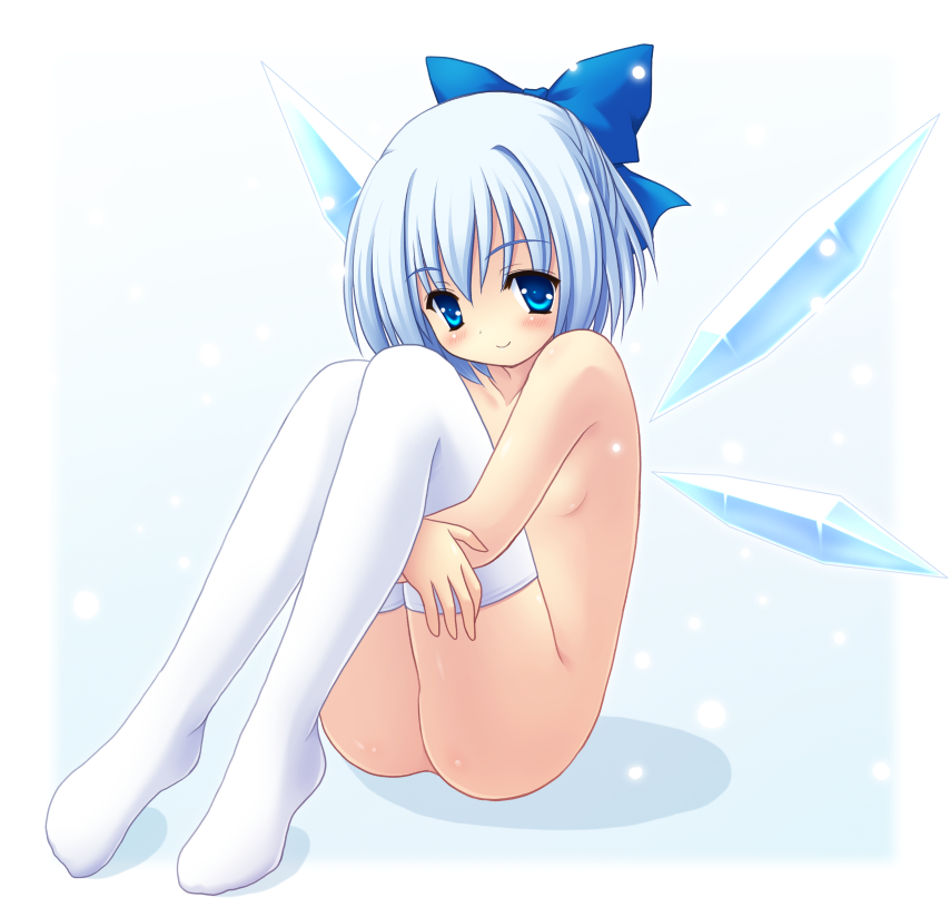 yamasan, cirno, embodiment of scarlet devil, touhou, 1girl, blue eyes, blue hair, bow, female focus, hugging own legs, matching hair/eyes, nude, short hair, sitting, solo, thighhighs, wings