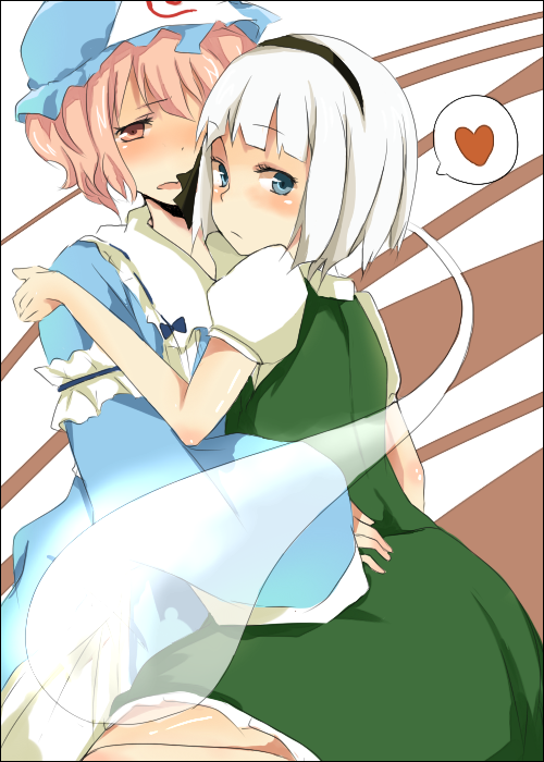mono (recall), konpaku youmu, konpaku youmu (ghost), saigyouji yuyuko, touhou, silver hair, bad id, bad pixiv id, 2girls, blue eyes, blush, female focus, hat, heart, hug, japanese clothes, multiple girls, pink hair, red eyes, ribbon, short hair