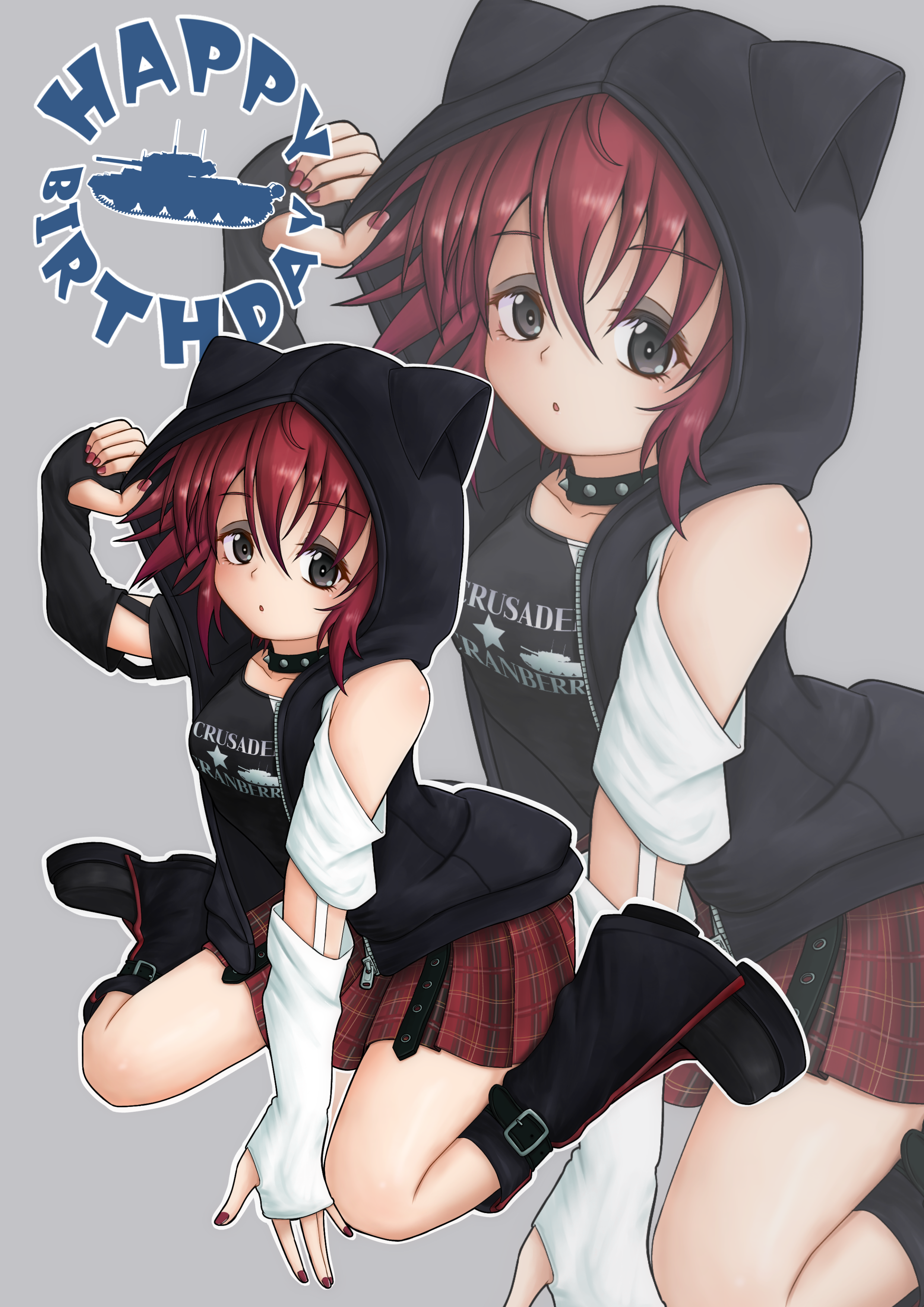 amanone yun, cranberry (girls und panzer), girls und panzer, absurdres, commentary, highres, 1girl, :o, animal hood, asymmetrical sleeves, black boots, black hoodie, black nails, black shirt, boots, casual, cat hood, choker, clothes writing, english text, grey background, happy birthday, hood, hood up, hoodie, looking at viewer, miniskirt, mismatched sleeves, open clothes, open hoodie, outline, parted lips, plaid clothes, plaid skirt, pleated skirt, red hair, red skirt, shirt, short hair, sitting, skirt, sleeveless, sleeveless hoodie, solo, spiked choker, spikes, wariza, white outline, zoom layer
