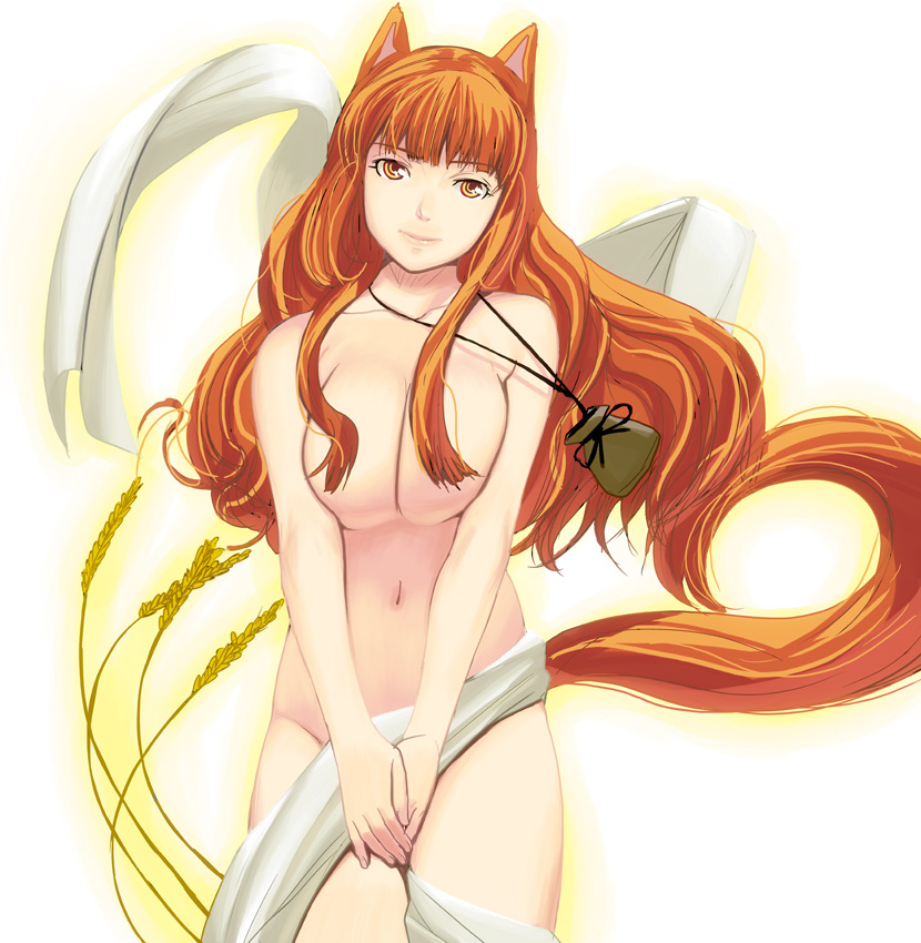 kouno (masao), holo, spice and wolf, bad id, bad pixiv id, 00s, 1girl, alternate breast size (larger), animal ears, breasts, censored, convenient censoring, cowboy shot, female focus, hair censor, hair over breasts, large breasts, navel, nude, pouch, solo, tail, wheat, wolf ears, wolf tail