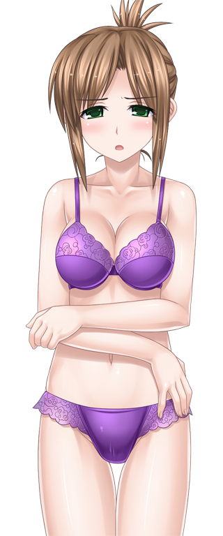 higuchi isami, kusunoki misako, mahou shoujo sae, game cg, large variant set, non-web source, official art, variant set, 1girl, blush, bra, breasts, brown hair, cleavage, collarbone, crossed arms, folded ponytail, green eyes, large breasts, lingerie, looking at viewer, navel, open mouth, panties, purple bra, purple panties, short hair, solo, thigh gap, transparent background, underwear, underwear only