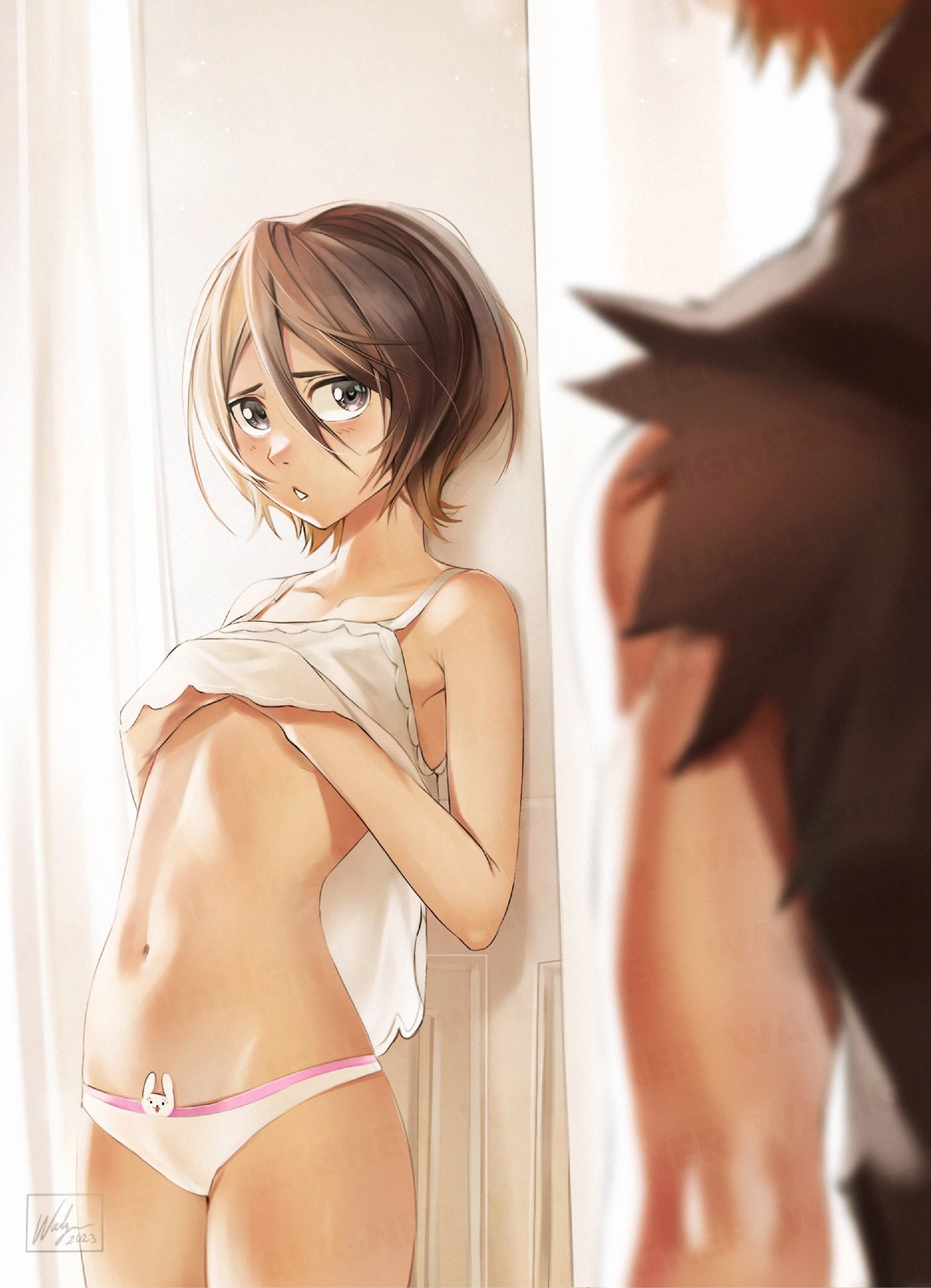 waligner, kuchiki rukia, kurosaki ichigo, bleach, absurdres, highres, 1boy, 1girl, black hair, blush, dress, lingerie, panties, short hair, sleeveless, sleeveless dress, underwear, white panties