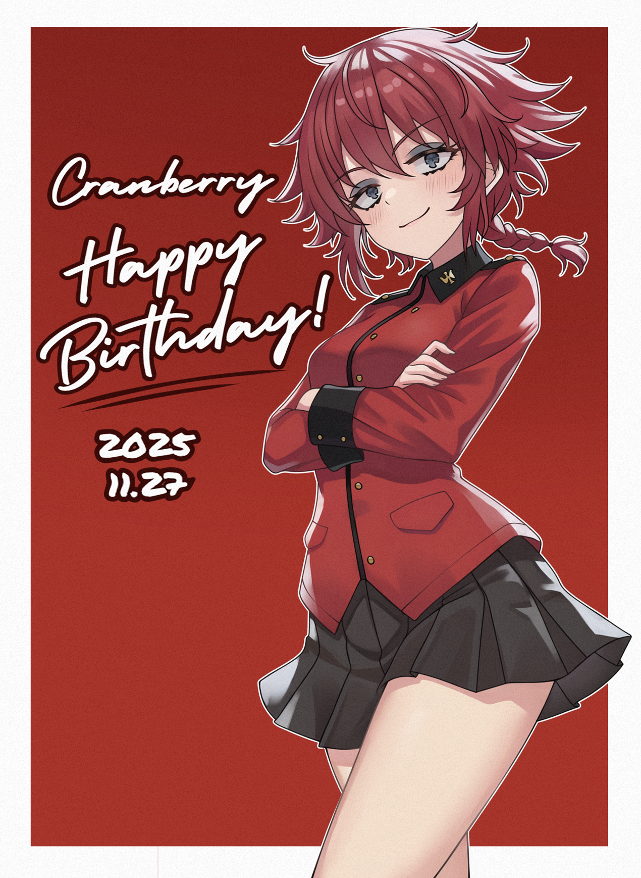 aadka5, cranberry (girls und panzer), girls und panzer, commentary, commentary request, english commentary, highres, mixed-language commentary, 1girl, black skirt, blue eyes, braid, braided ponytail, breasts, character name, closed mouth, cowboy shot, crossed arms, cursive, dated, english text, feet out of frame, happy birthday, jacket, long sleeves, looking at viewer, low ponytail, medium breasts, medium hair, military uniform, miniskirt, pleated skirt, ponytail, red background, red hair, red jacket, school uniform, simple background, skirt, smile, solo, st. gloriana's military uniform, standing