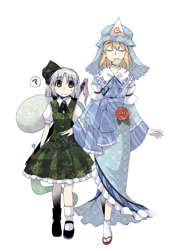 hira3, hirafumi, konpaku youmu, konpaku youmu (ghost), saigyouji yuyuko, touhou, silver hair, 2girls, dress, female focus, flower, full body, ghost, green eyes, hairband, hat, katana, mouth hold, multiple girls, orange hair, plant, short hair, simple background, skirt, sword, weapon, white background