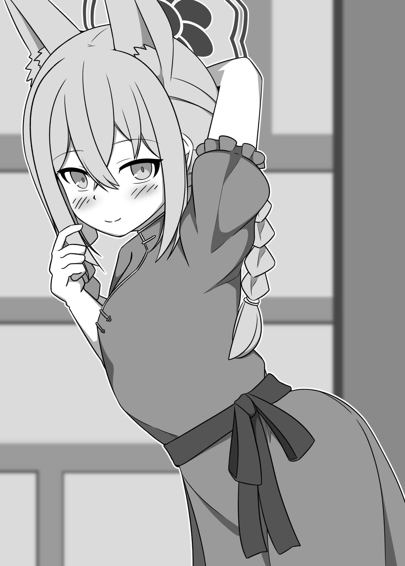 roripedon, rumi (blue archive), rumi (small) (blue archive), blue archive, 1girl, animal ears, arm up, blush, breasts, china dress, chinese clothes, dress, fox ears, halo, looking at viewer, small breasts, solo