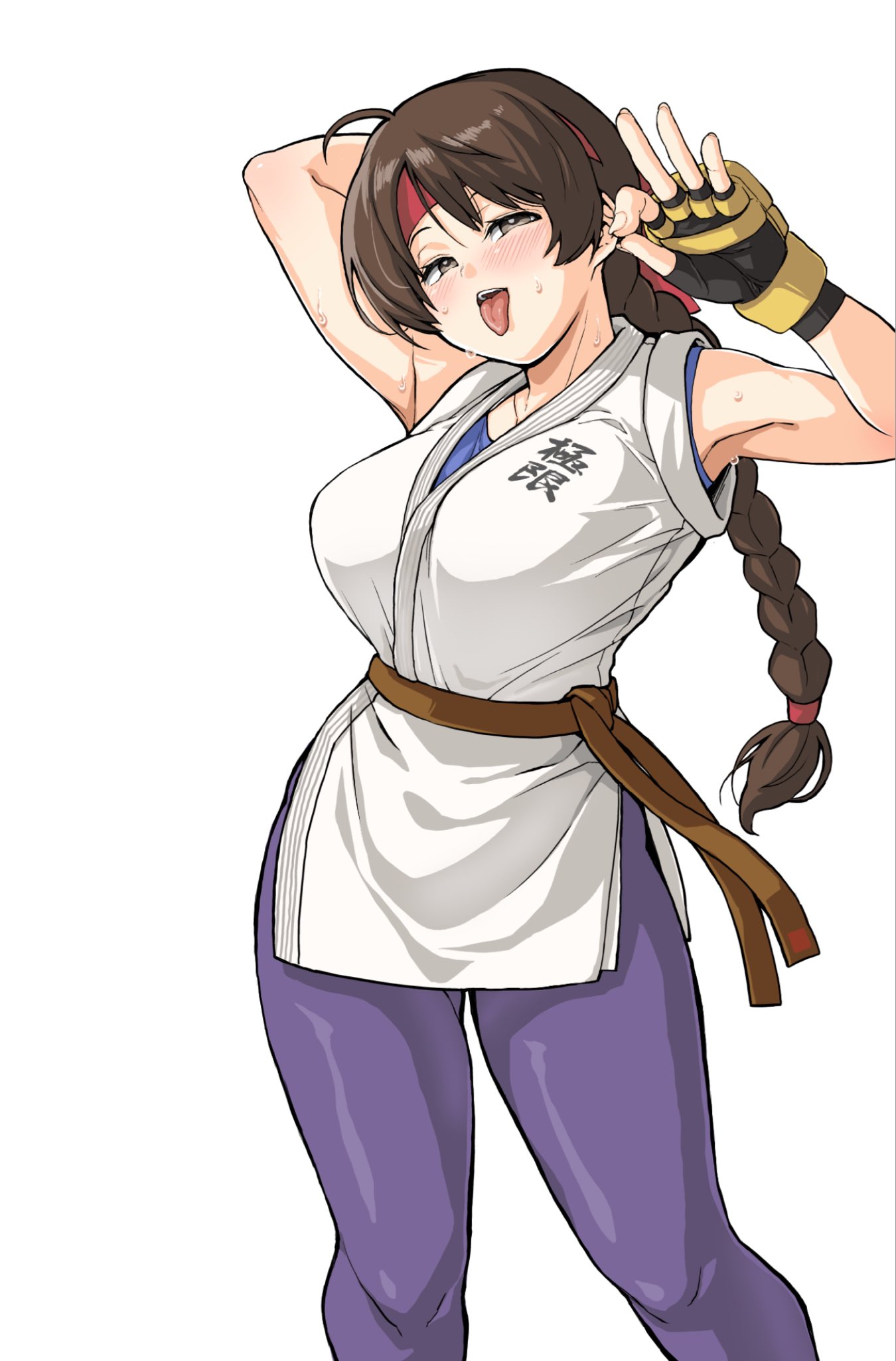 chiyou yoyuchi, jankey, yuri sakazaki, the king of fighters, 1girl, braid, braided ponytail, breasts, brown eyes, brown hair, dougi, female focus, gesture, gloves, hairband, hand up, handjob, handjob gesture, huge breasts, junkie3g, karate gi, large breasts, leggings, long hair, looking at viewer, pale skin, pants, ponytail, skirt, smile, smiley face, spandex, standing, thick thighs, thighs, tight clothes, tight pants, tongue, tongue out, wet, wide hips, yoga pants