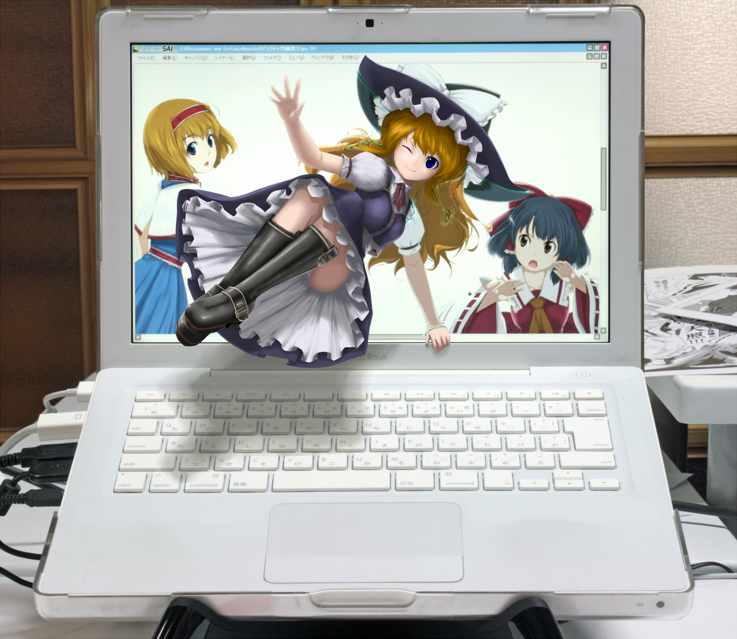 gustav (telomere na), alice margatroid, hakurei reimu, kirisame marisa, painttool sai, touhou, bad id, bad pixiv id, highres, third-party edit, 3girls, black hair, blonde hair, blue eyes, boots, bow, computer, computer keyboard, detached sleeves, dress, female focus, hairband, hat, japanese clothes, laptop, long hair, miko, mini person, minigirl, multiple girls, panties, pantyshot, short hair, through medium, through screen, underwear, witch, witch hat