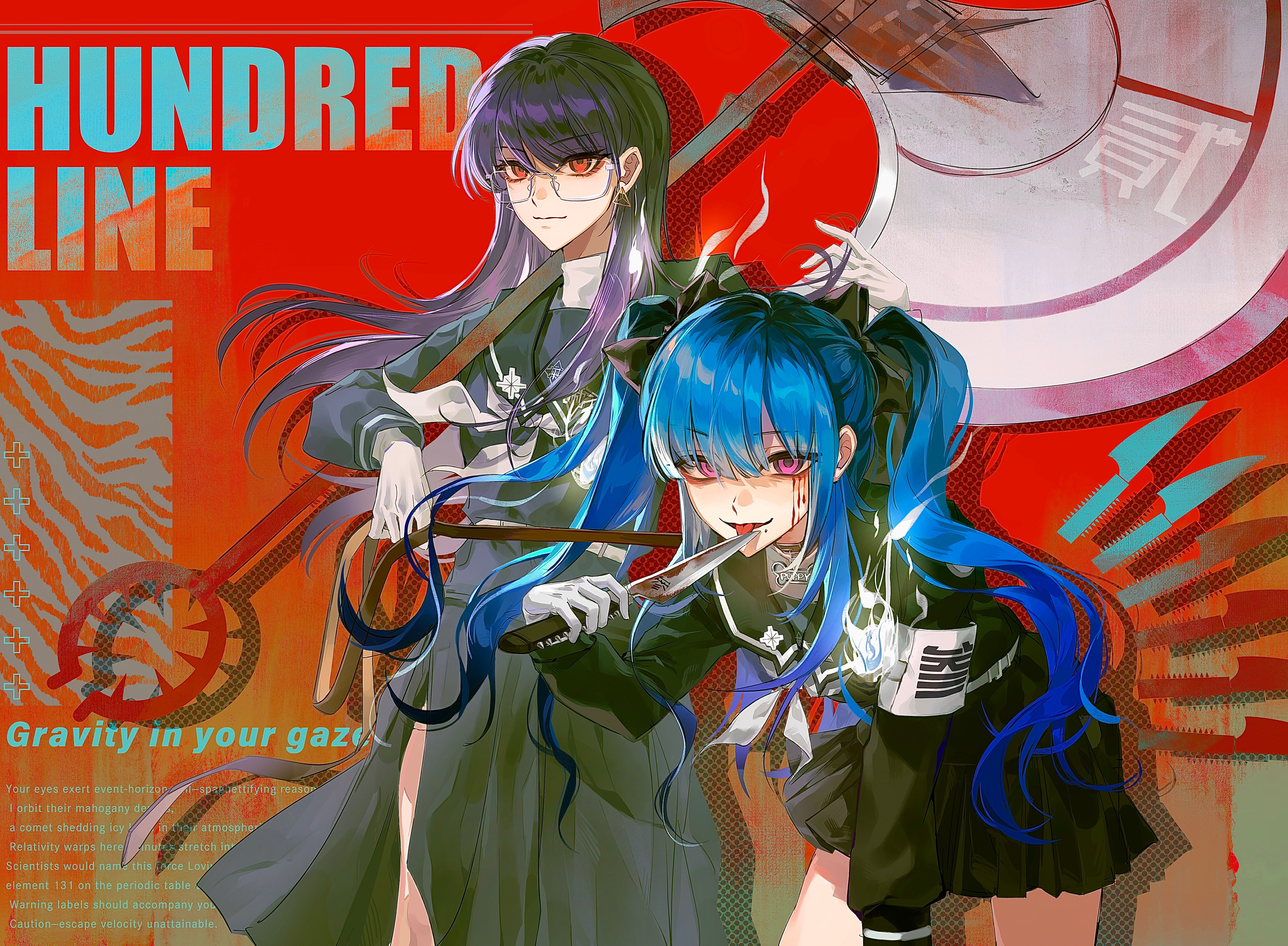 haku (hakutakurei04), amemiya darumi, shizuhara hiruko, the hundred line -last defense academy-, absurdres, commentary request, highres, 2girls, armband, axe, black bow, black sailor collar, black skirt, blood, blue hair, bow, copyright name, earrings, english text, floating hair, glasses, gloves, holding, holding axe, hunched over, jewelry, licking, licking blade, licking weapon, looking at viewer, multiple girls, neckerchief, pink eyes, purple hair, red eyes, sailor collar, skirt, smile, twintails, wavy hair, weapon, white armband, white gloves, white neckerchief