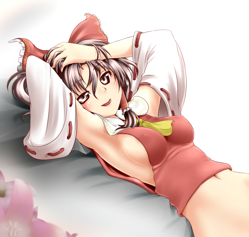 miki purasu, hakurei reimu, touhou, 1girl, armpits, bow, breasts, brown hair, covered erect nipples, detached sleeves, female focus, hair bow, large breasts, lying, naughty face, navel, seductive smile, sideboob, smile, solo, tongue, tongue out, upper body
