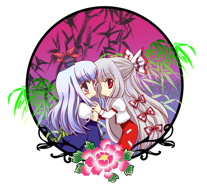 masuyama kei, fujiwara no mokou, kamishirasawa keine, touhou, 2girls, blue hair, chibi, circle, female focus, hair ribbon, hat, long hair, multiple girls, purple eyes, red eyes, ribbon, suspenders, white hair